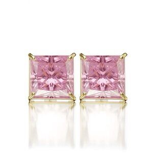 Yellow Gold 925 Sterling Silver Women's Princess Cut Pink Cz Small Stud Earrings